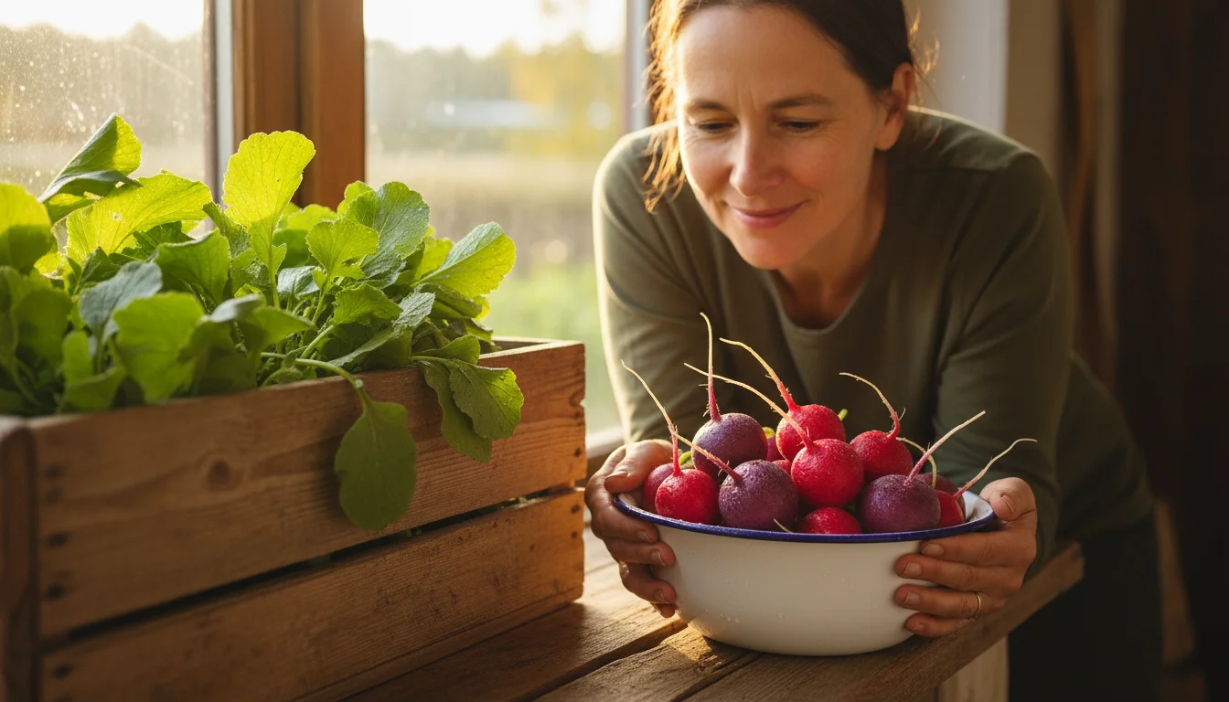 Content person holding a bowl of freshly harvested red and purple radishes next to a window box on a sunny balcony.