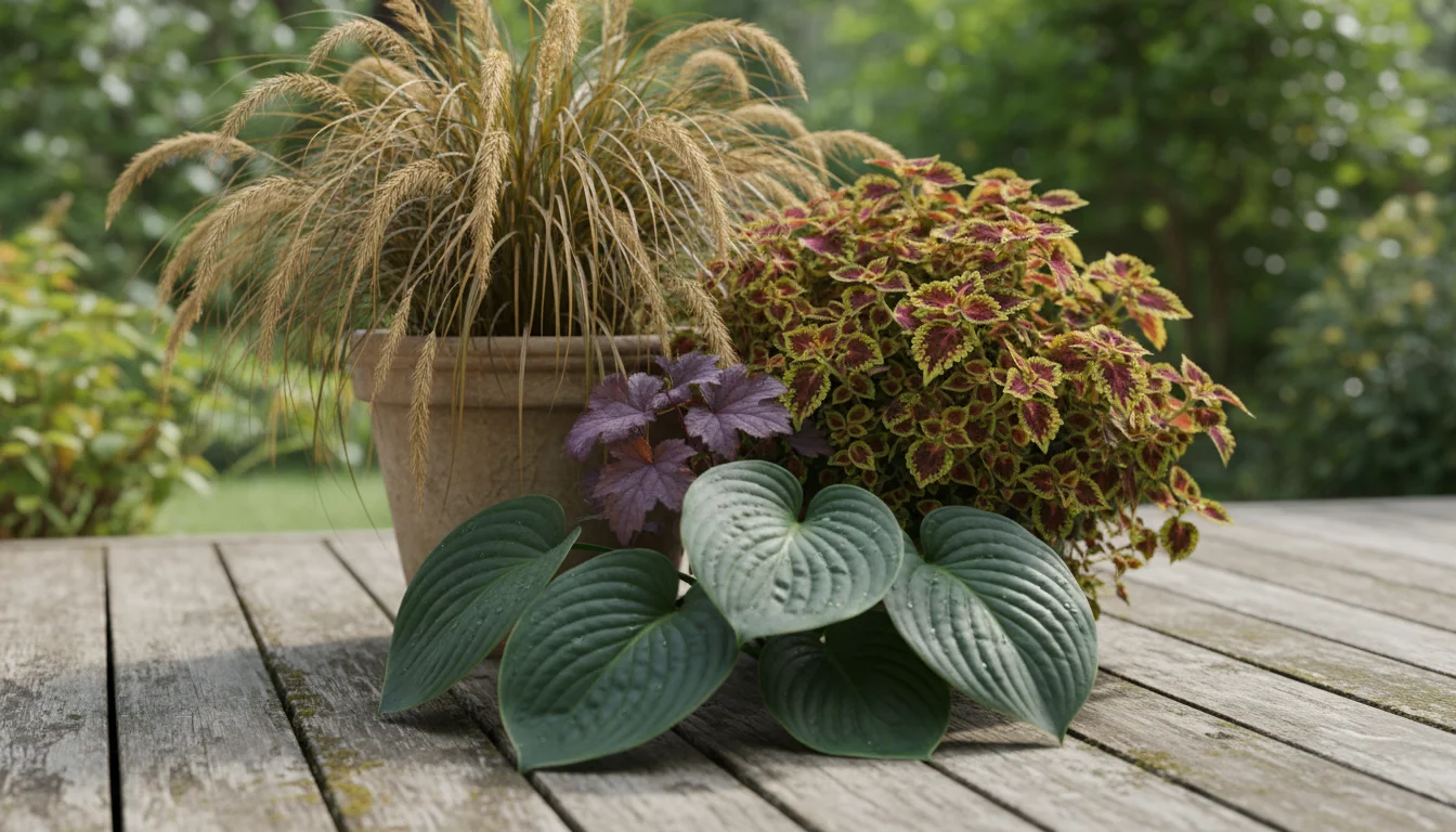 Medium close-up of contrasting foliage plants like hosta, coleus, and ornamental grass in various containers on a patio, highlighted by dappled mornin