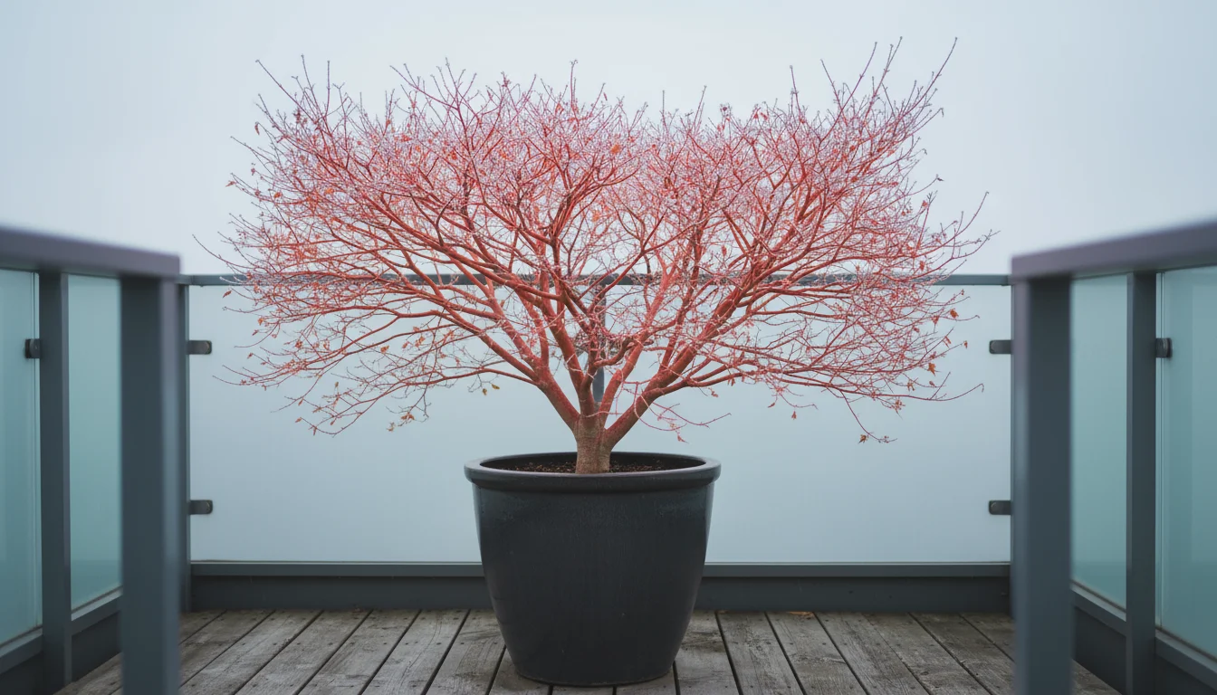 Coral Bark Japanese Maple ('Sango-kaku') in a ceramic pot on a winter balcony, showcasing its vibrant coral-red bark and bare branches.