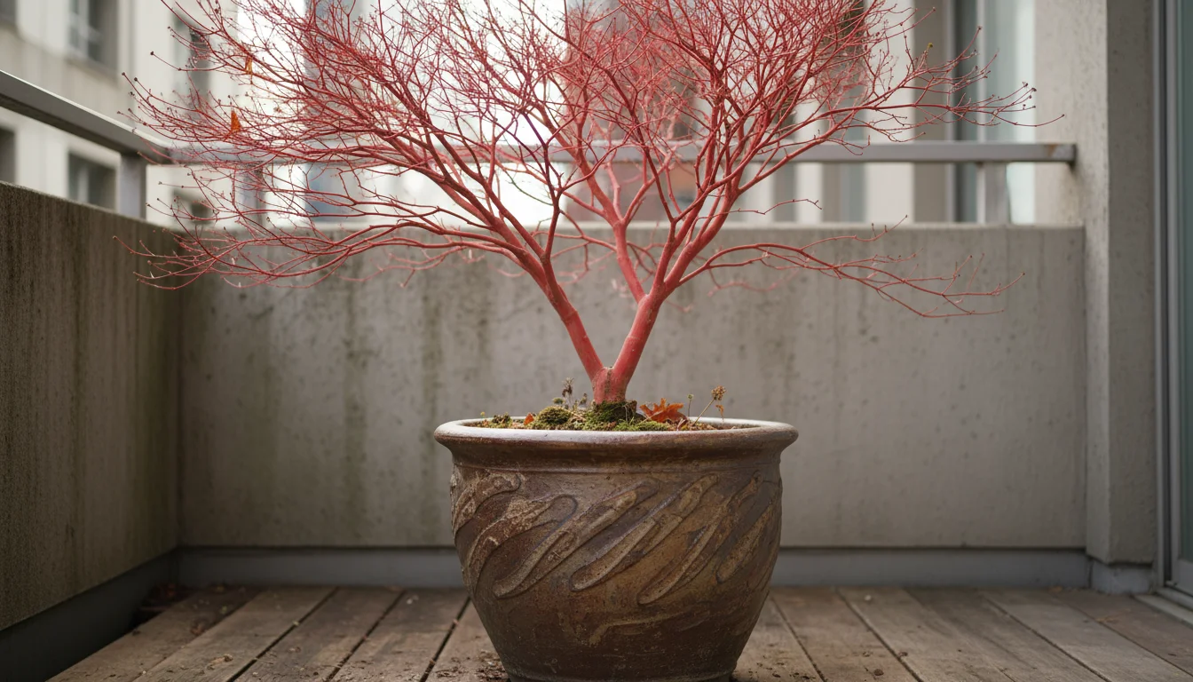 A Coral Bark Japanese Maple with vivid red winter stems stands prominently in a large, earthy-toned ceramic container on an urban balcony.