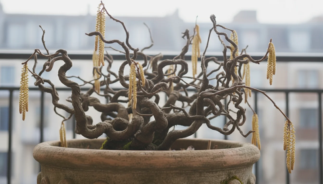 Corkscrew hazel plant in a pot, showing twisted bare branches and yellowish-brown catkins in late winter.