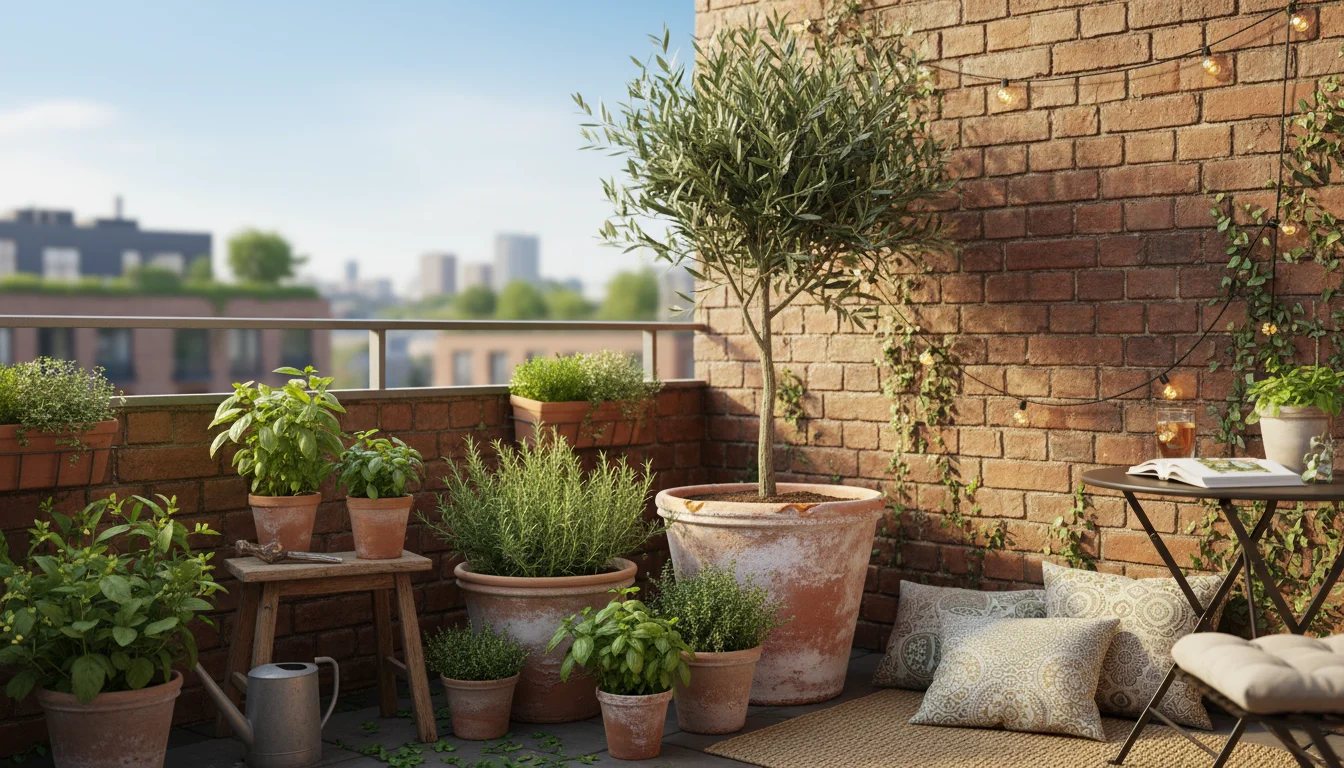 A corner of a small, sunny balcony garden, featuring an olive tree in a large terracotta pot as a focal point, surrounded by smaller plants.