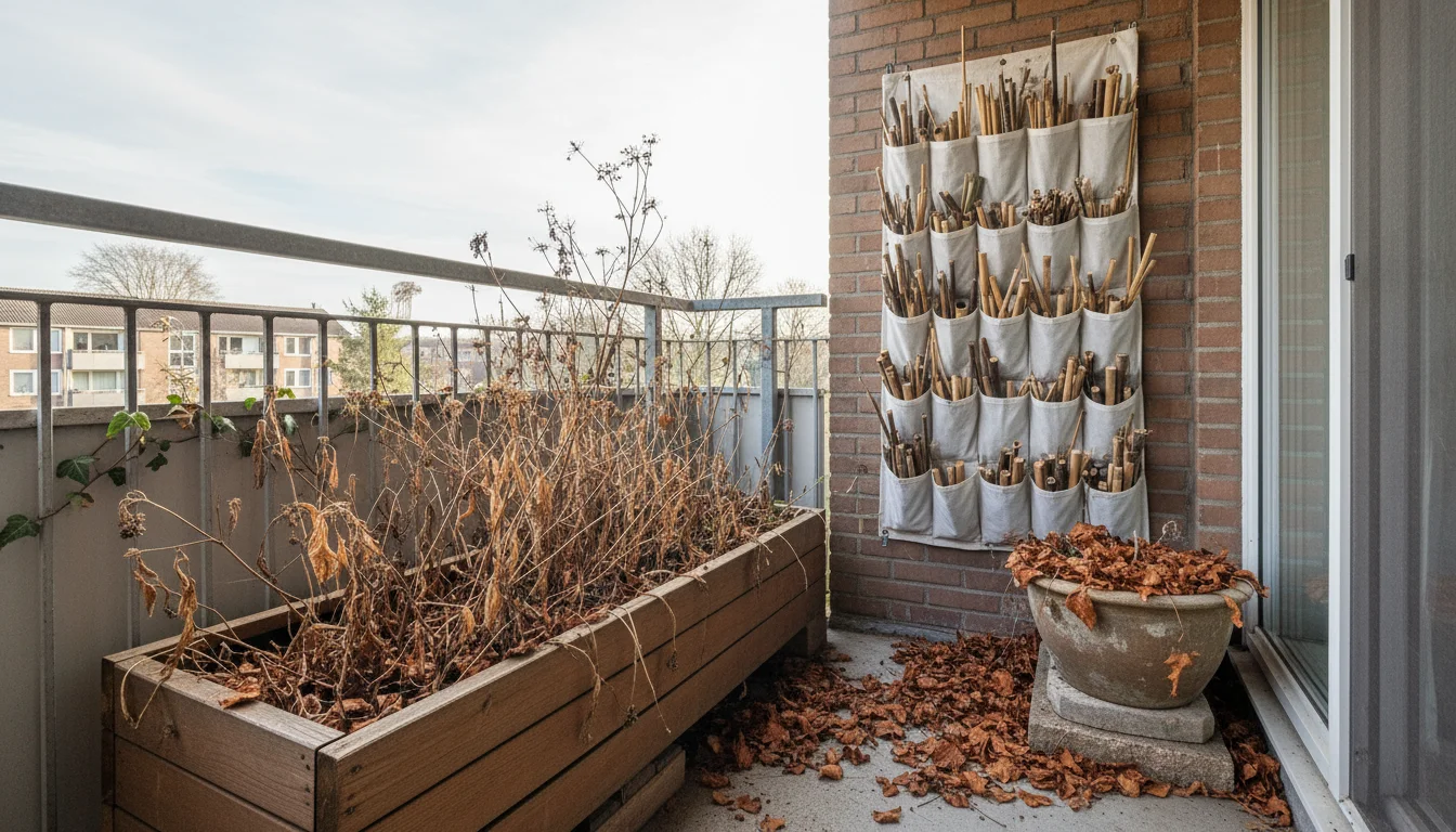 Corner of a small urban balcony with a rectangular planter of dried stems, a ceramic pot with leaf litter, and a vertical planter with hollow stalks.