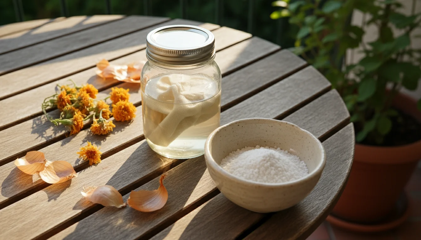 Cotton fabric swatch soaking in mordant solution on a balcony table with alum powder, dried marigolds, and onion skins.