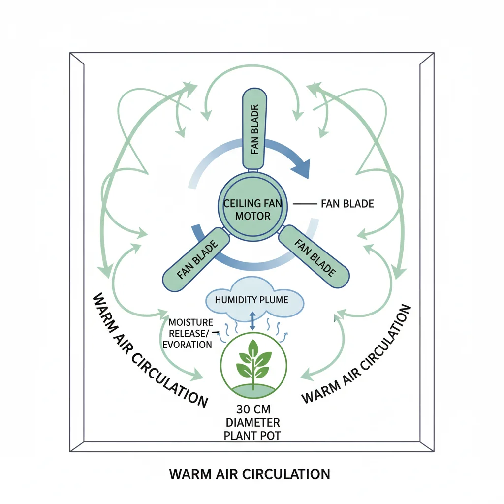 Counter-clockwise ceiling fan over 30cm plant pot diagram; arrows indicate water flow.