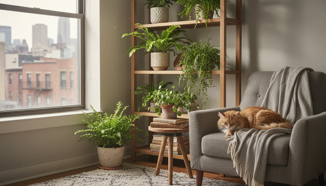A cozy apartment corner features multiple healthy ferns in different pots on a bookshelf and table, lit by soft window light.