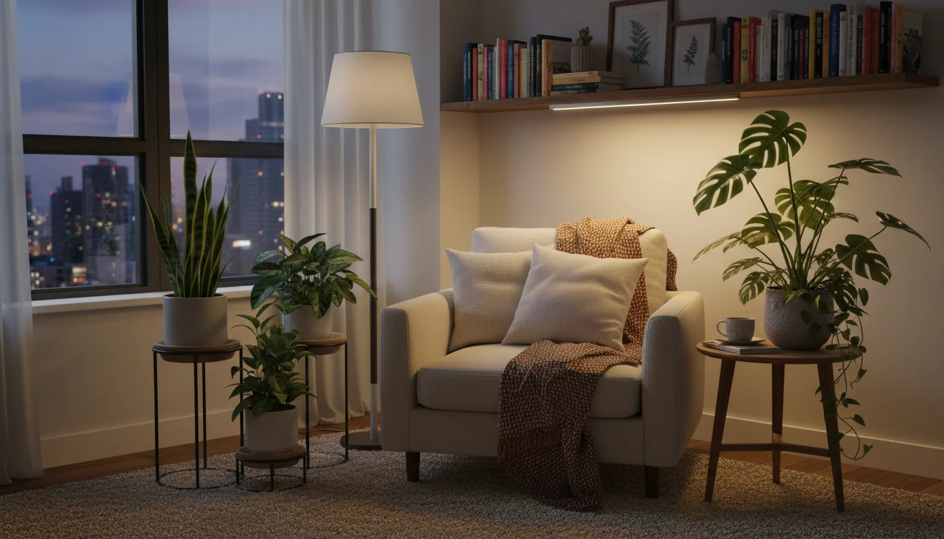 Cozy apartment reading nook with diverse potted houseplants bathed in warm light from a subtle LED grow light, and a textured knit throw blanket.