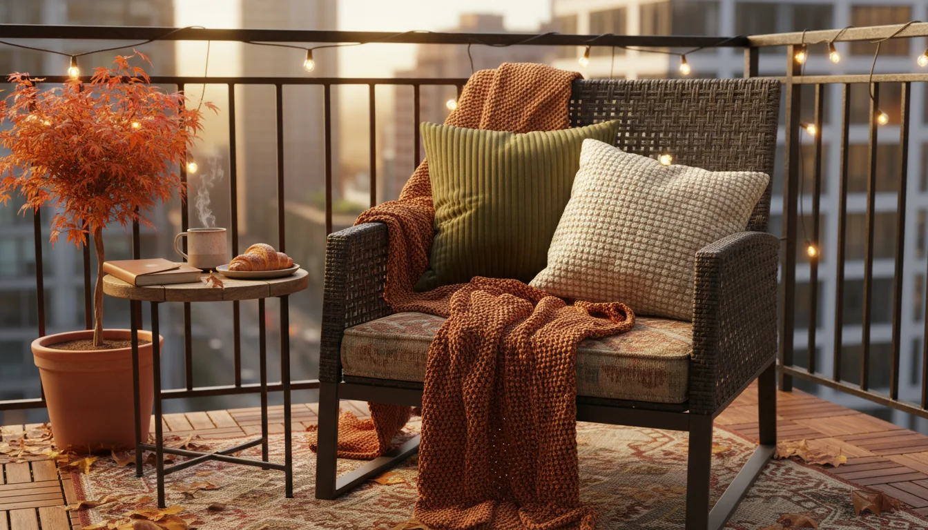 Cozy armchair on a balcony, adorned with burnt orange knit throw, olive green corduroy pillow, cream textured pillow, and a warm gray outdoor rug.