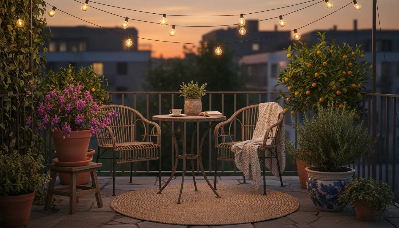 Cozy evening patio with string lights and solar stakes illuminating container plants, creating a private, warm ambiance.