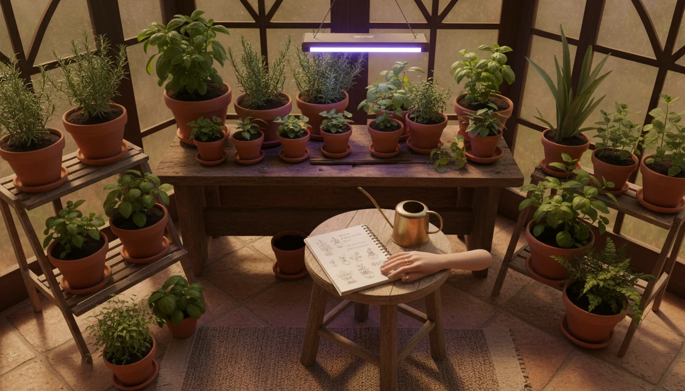 Elevated view of a cozy indoor patio corner with various potted plants, a small grow light, and a person's hand resting near an open notebook.
