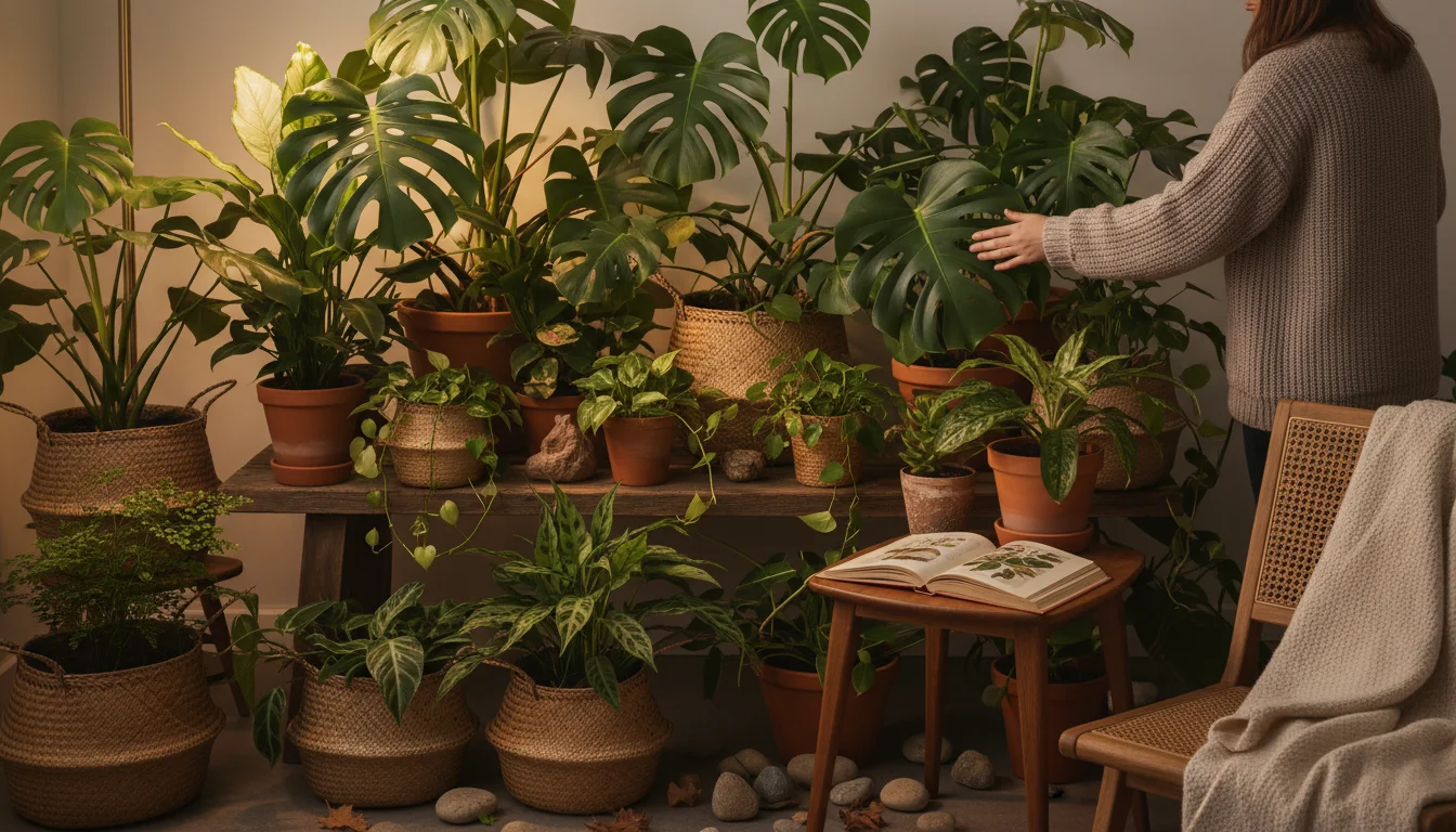 Cozy living room corner with many houseplants. A person inspects a plant leaf. Warm light, natural textures.