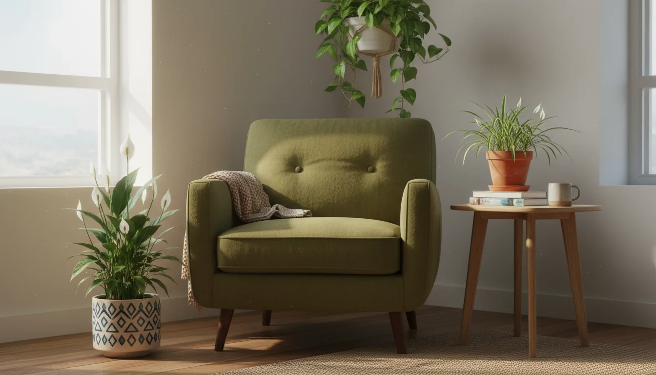A cozy living room corner with a Pothos in a hanging basket, a Spider Plant on a side table, and a Peace Lily floor plant by a comfy chair, bathed in 