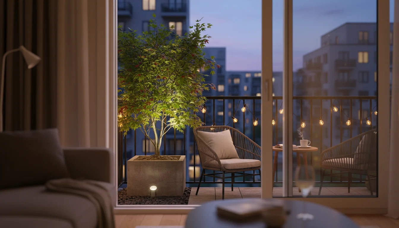 View from a cozy living room through a glass door onto a compact balcony with a containerized Japanese maple dramatically uplighted at twilight.