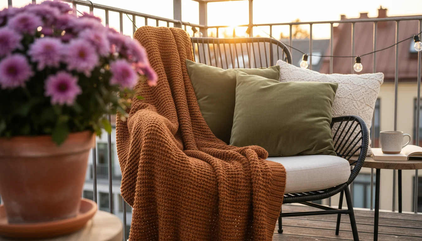 A cozy outdoor armchair on a balcony, layered with a rust-orange throw and olive green and cream pillows. A purple mum plant is in the foreground.