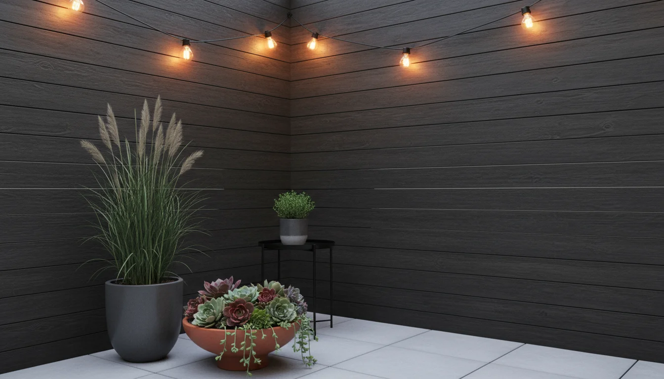 Cozy patio corner with a dark wooden slatted privacy screen, layered container plants, and a small tabletop water fountain.
