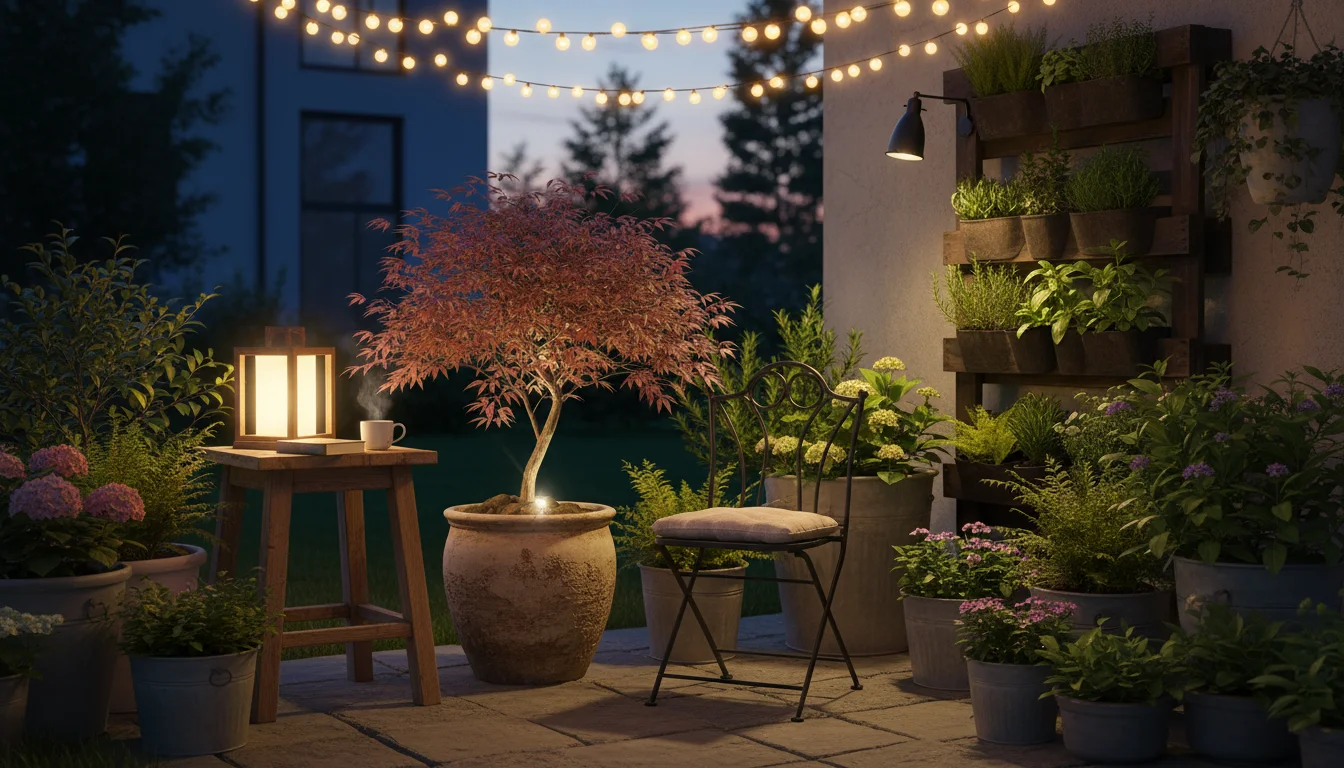 Cozy patio corner at twilight with layered lighting: overhead string lights, a table lantern, spotlights on container plants, and a clip-on task lamp.
