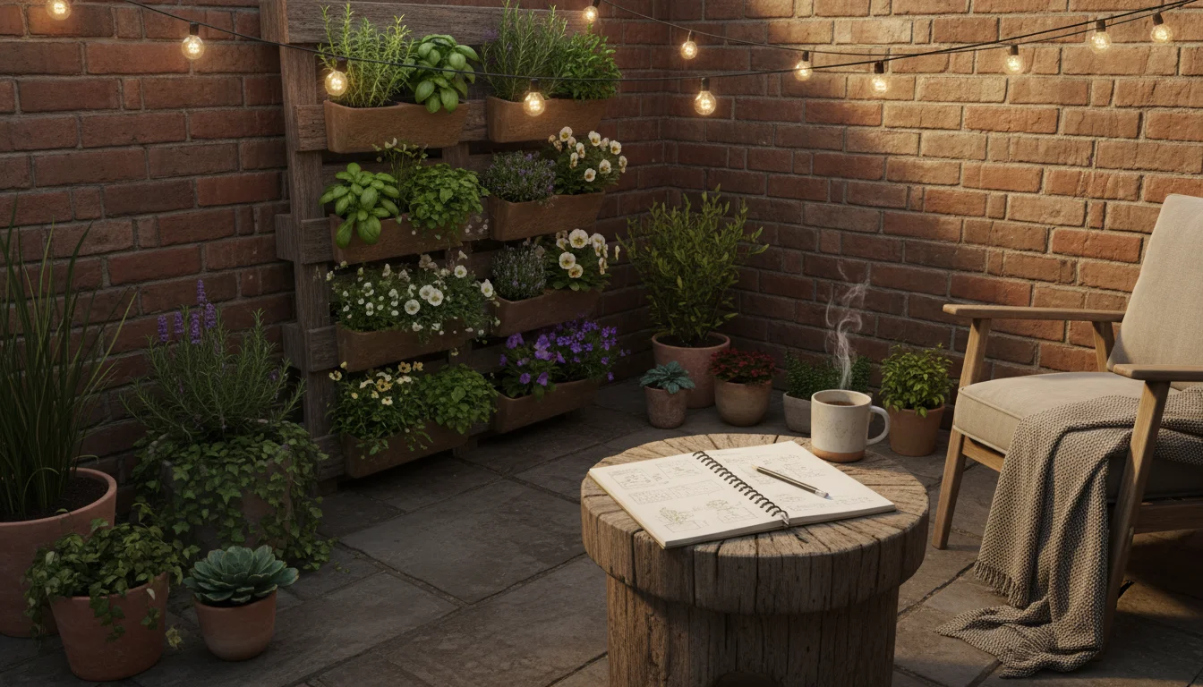 Cozy patio with a lush vertical pallet garden, an open notebook, and a steaming mug on a side table during golden hour.
