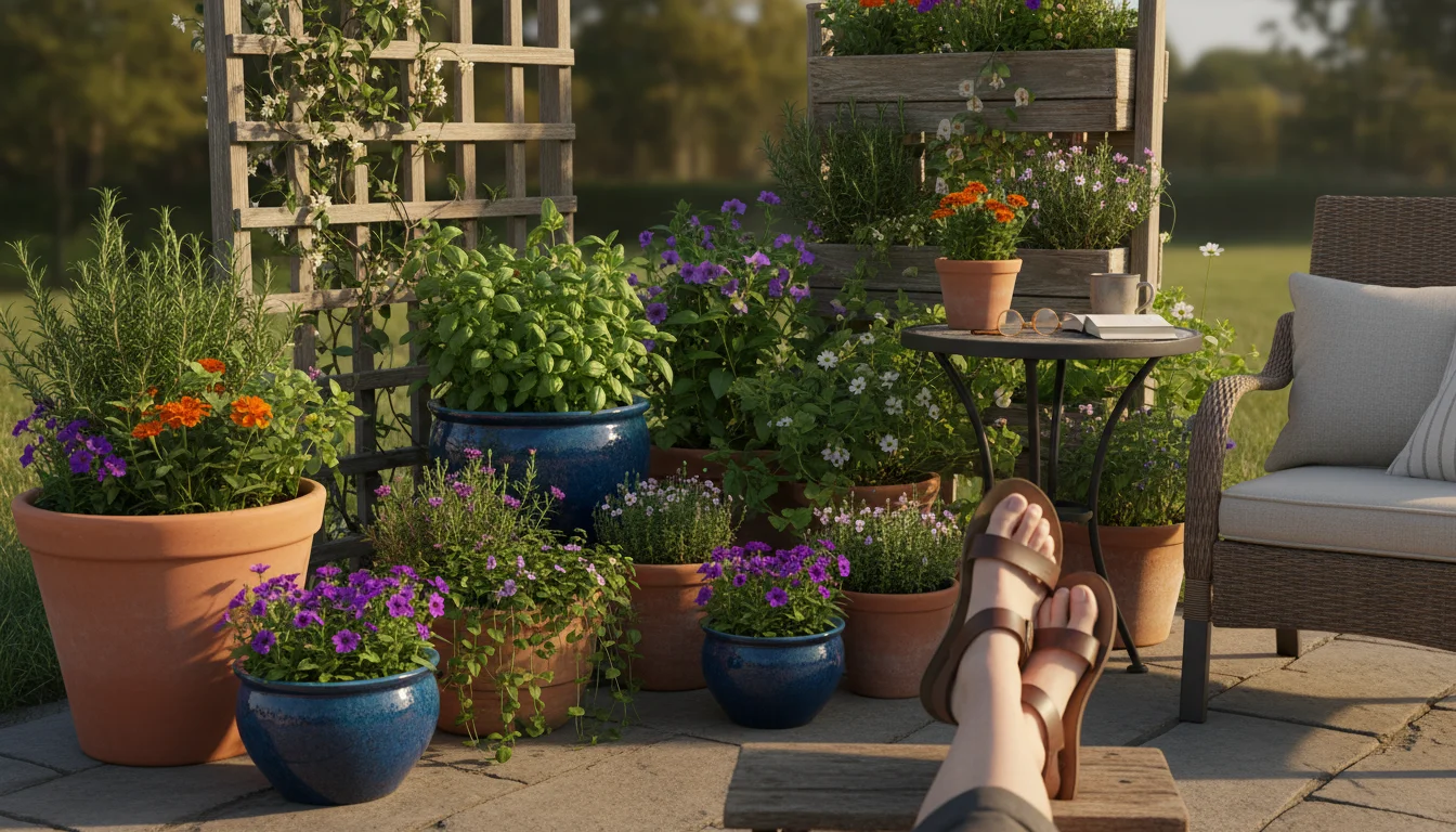 Cozy patio with thriving container garden, varied pots, and relaxed feet on a stool, bathed in soft afternoon light.