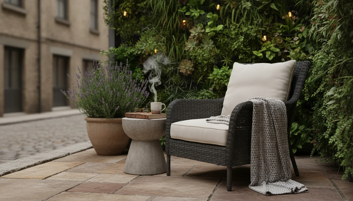 Cozy private patio corner with a dark rattan armchair, concrete side table with a book, and a dark wood privacy screen with climbing clematis and tall