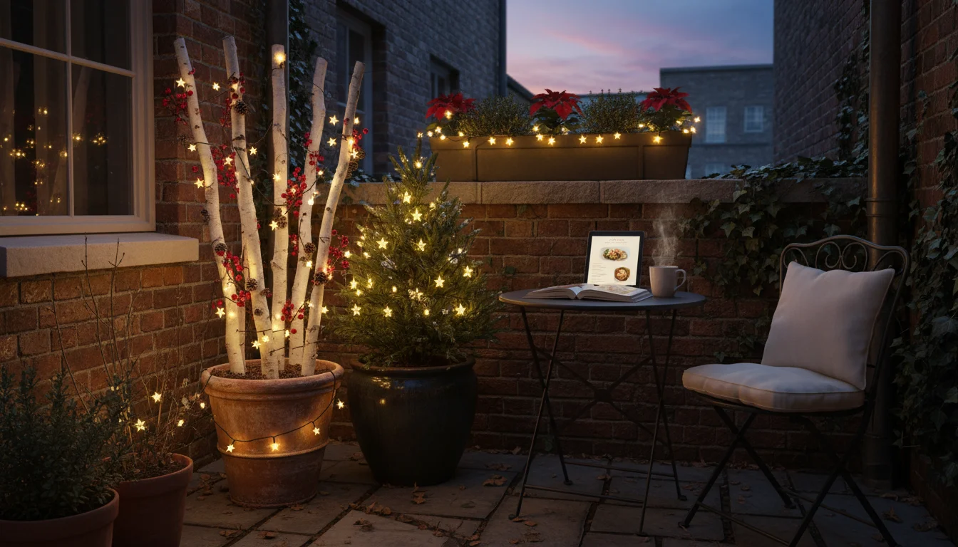 A cozy small patio corner at dusk, showcasing winter container accents: birch branches, red berries, pinecones, and string lights around dormant plant