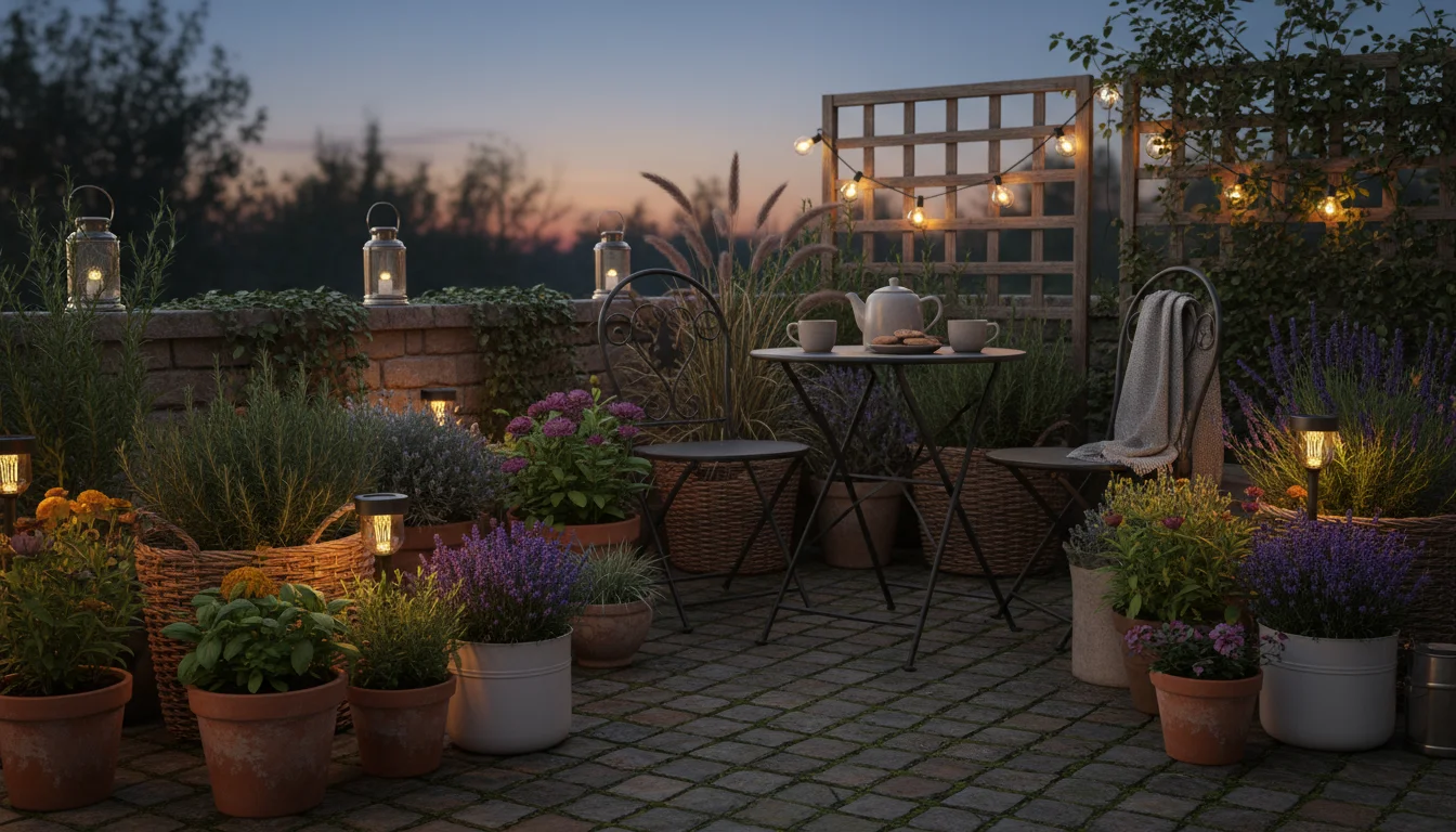 Cozy small patio at twilight with warm bistro string lights draped along a fence and solar stake lights illuminating a cluster of container plants.