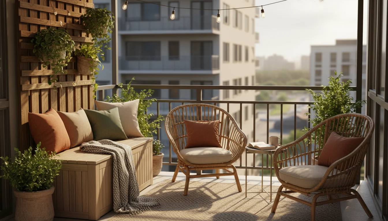 Elevated view of a cozy small urban balcony corner featuring a light wooden storage bench, colorful outdoor cushions, a draped throw, and various cont