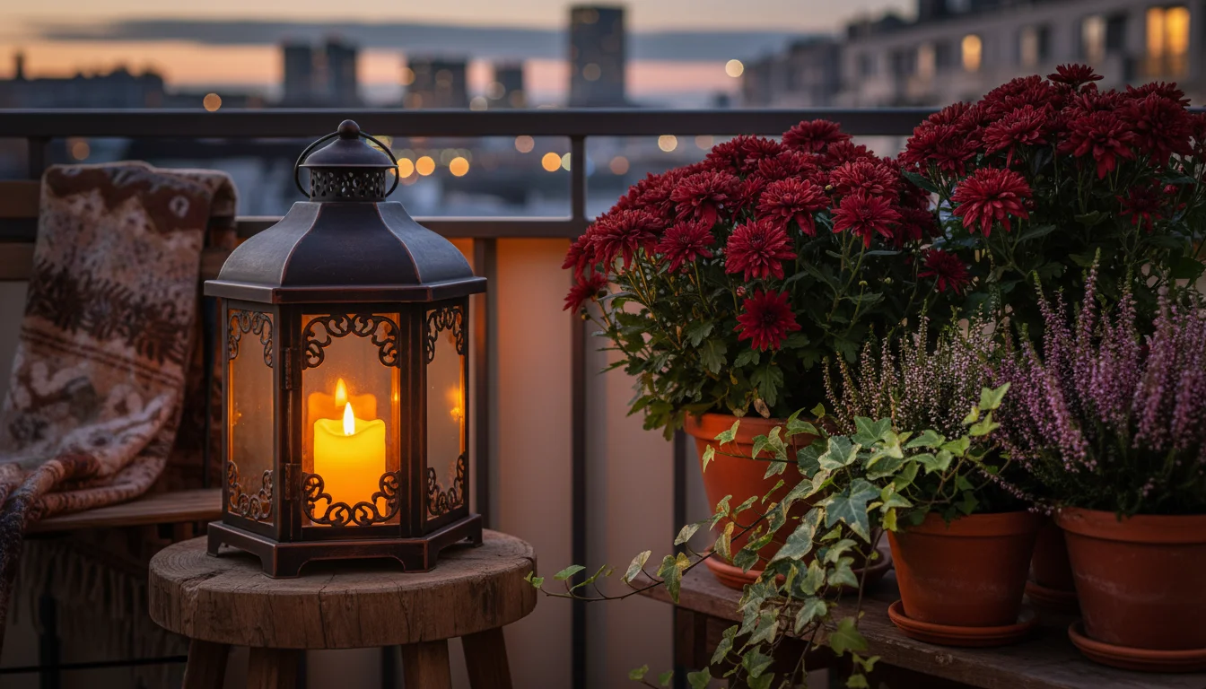 Close-up of a cozy urban balcony corner at dusk, featuring a flickering LED candle in a metal lantern amidst autumn plants.
