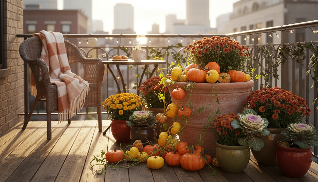 A cozy urban balcony corner filled with fall container plants. A large pot features mini pumpkins, surrounded by mums and ornamental kale. A hand hold