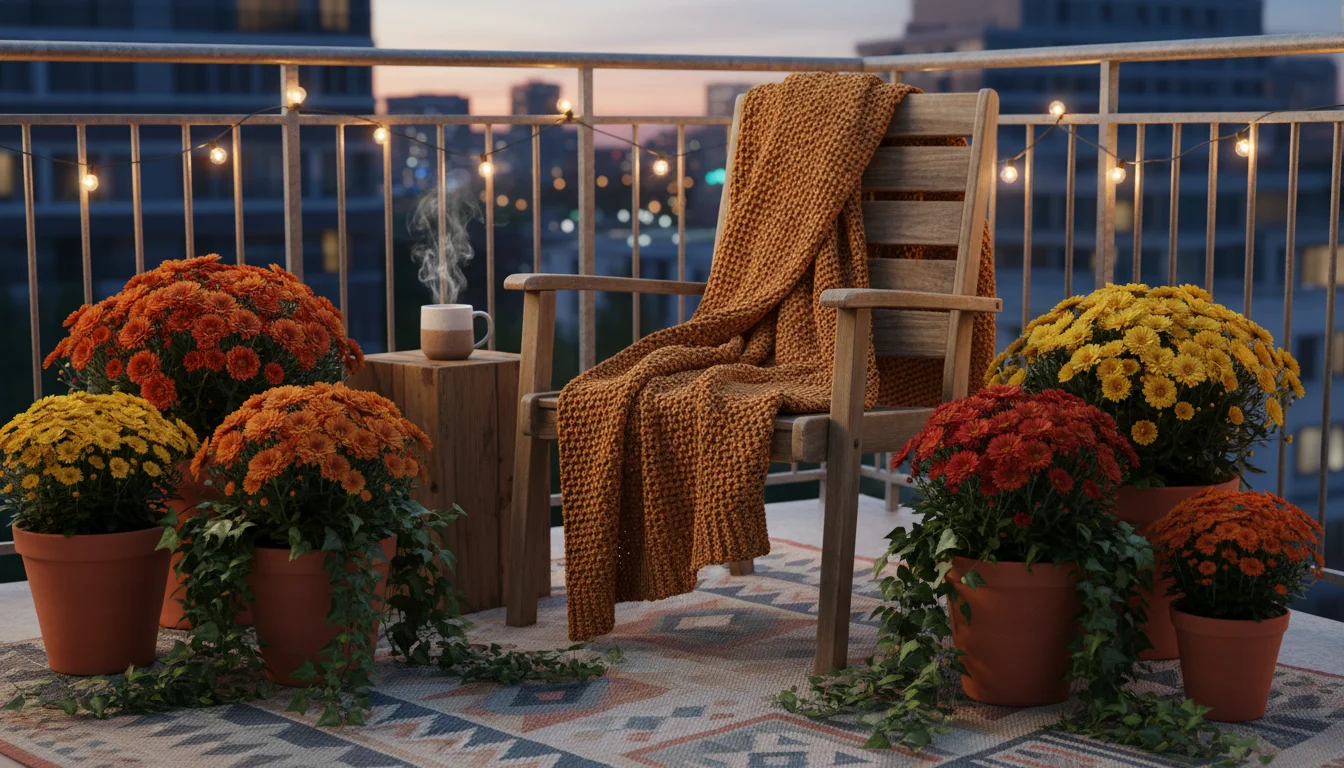 Cozy urban balcony corner with a wooden armchair, knit blanket, patterned rug, and potted autumn flowers.