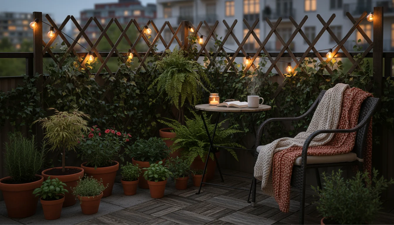 Cozy urban balcony at dusk with warm solar string lights draped over an ivy-covered trellis for privacy, illuminating various container plants.