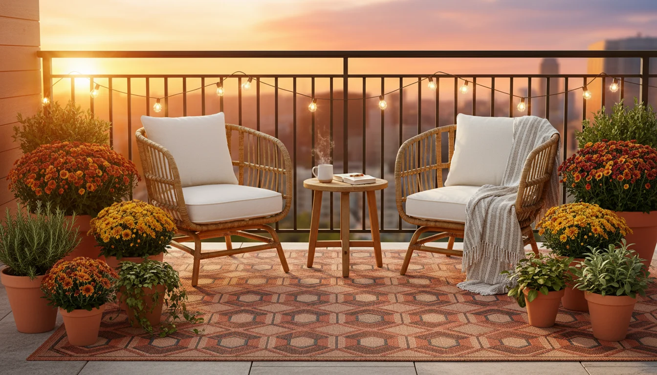 A cozy urban balcony at golden hour features a burnt orange geometric outdoor rug grounding rattan chairs, surrounded by potted autumn plants and stri