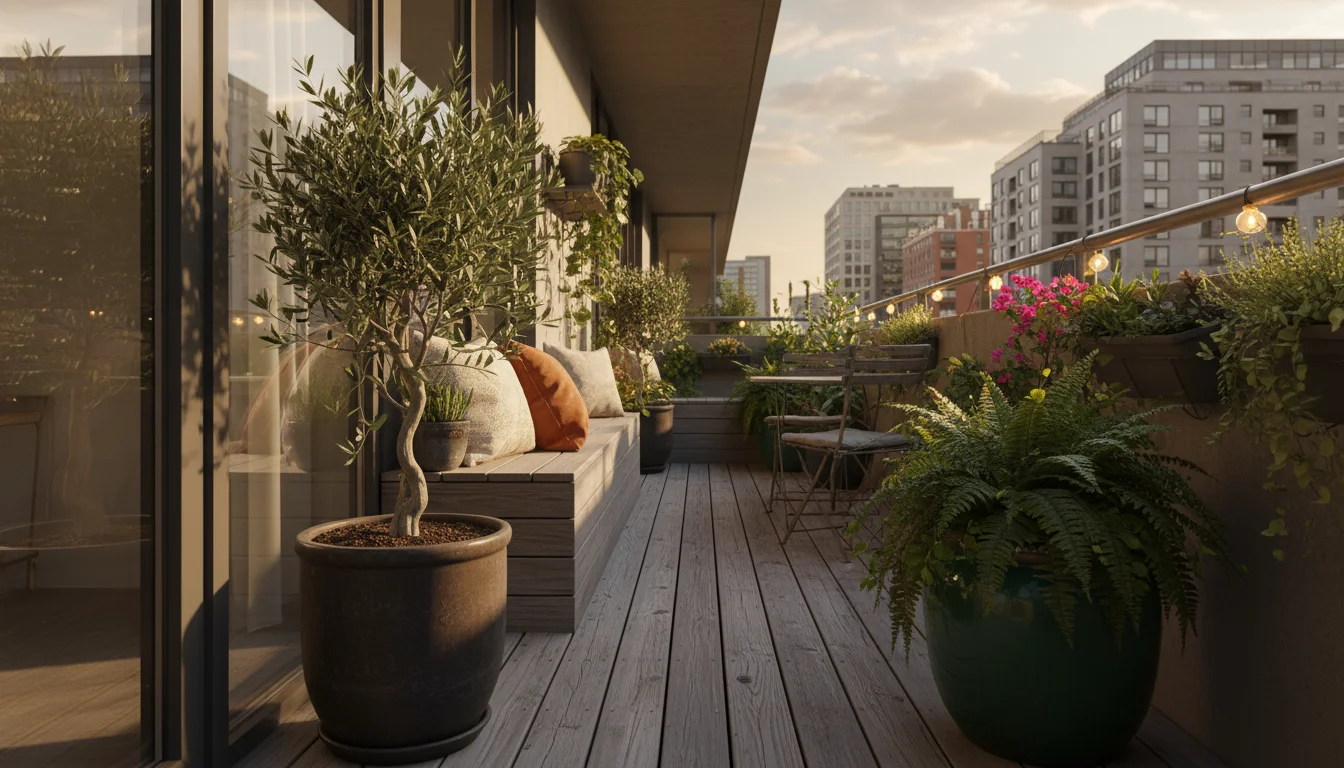 Cozy urban balcony in late afternoon light, showing heavy ceramic pots on the floor and lighter plastic pots on a wall shelf, demonstrating stable pla