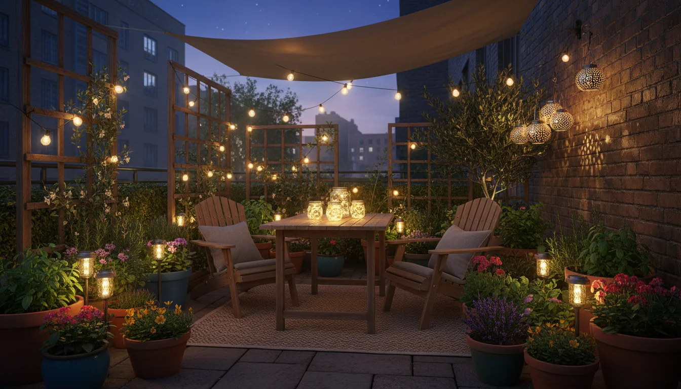 Cozy urban patio at twilight, illuminated by solar stake lights in planters, solar string lights on a privacy screen, and overhead LED string lights c