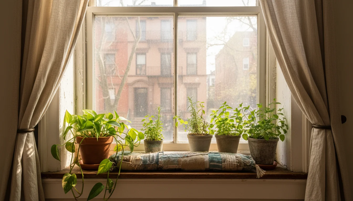 A cozy urban window sill with thriving houseplants, a DIY fabric draft stopper, and natural fiber curtains partially drawn, showing sustainable home i