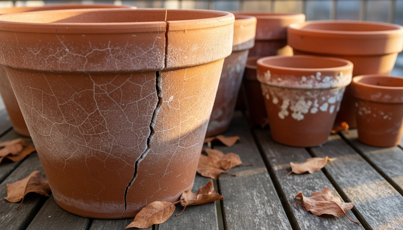 Close-up of a cracked terracotta pot with visible frost on a wooden balcony table, surrounded by fallen autumn leaves.