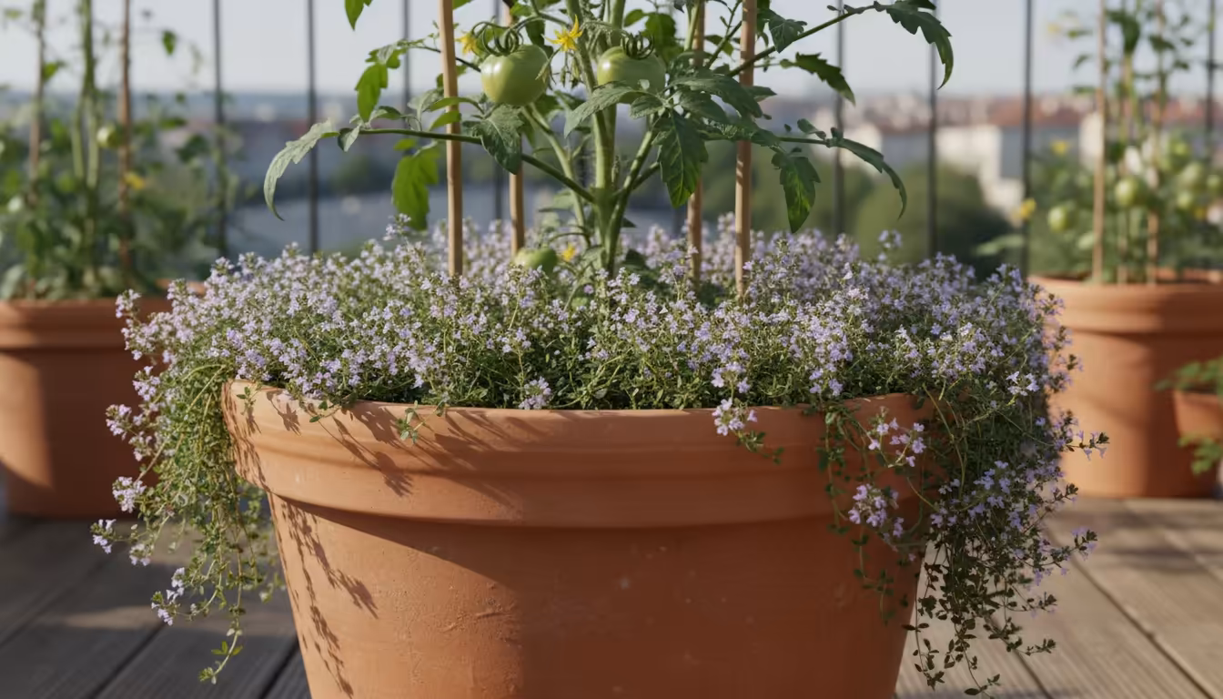 Creeping thyme with small purple flowers covers the soil around a tomato plant in a large terracotta pot on a sunny balcony.