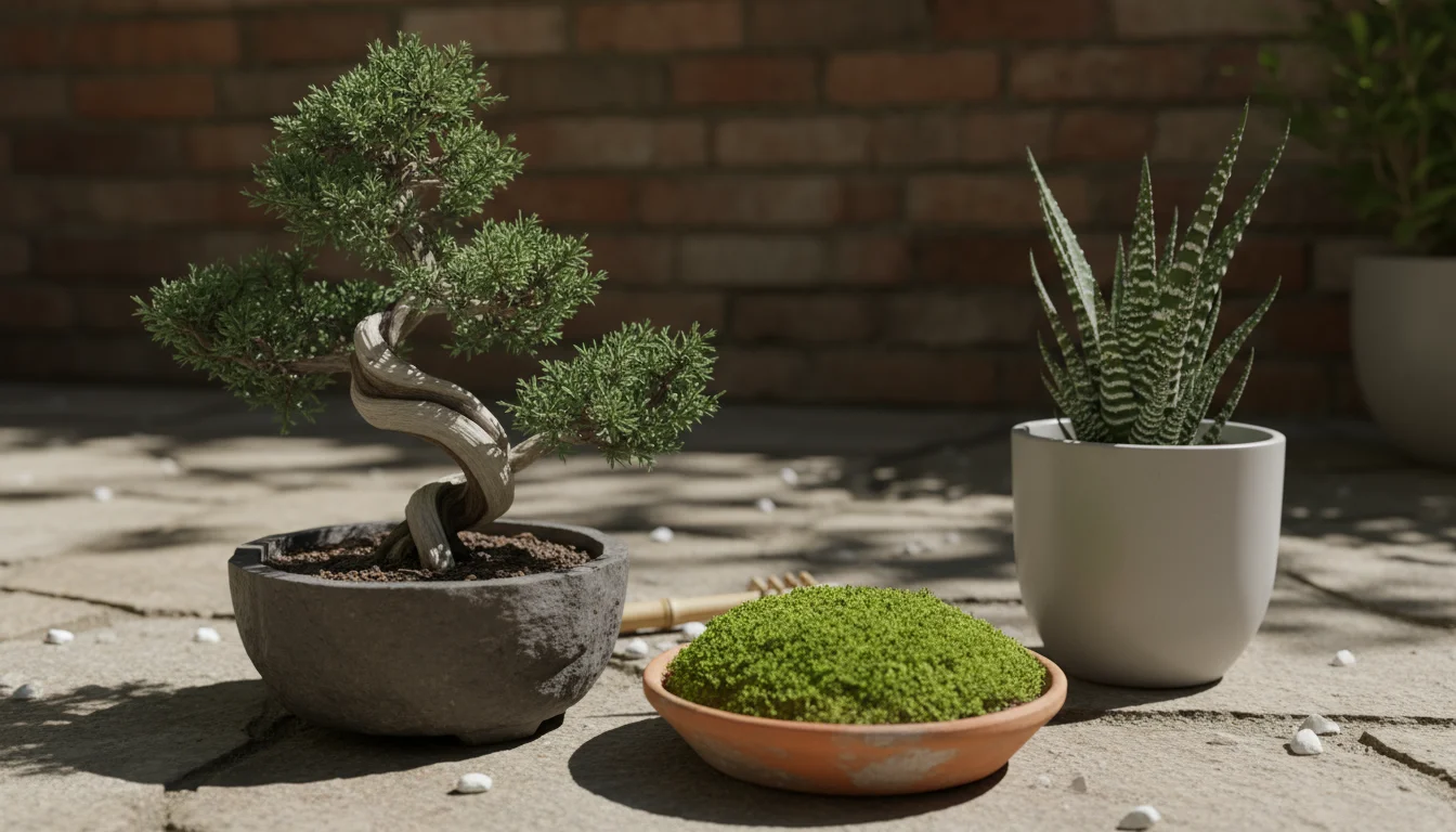 Curated collection of small, low-maintenance plants for a Zen container garden: dwarf juniper, Irish moss, and Haworthia in elegant pots on a sun-dapp