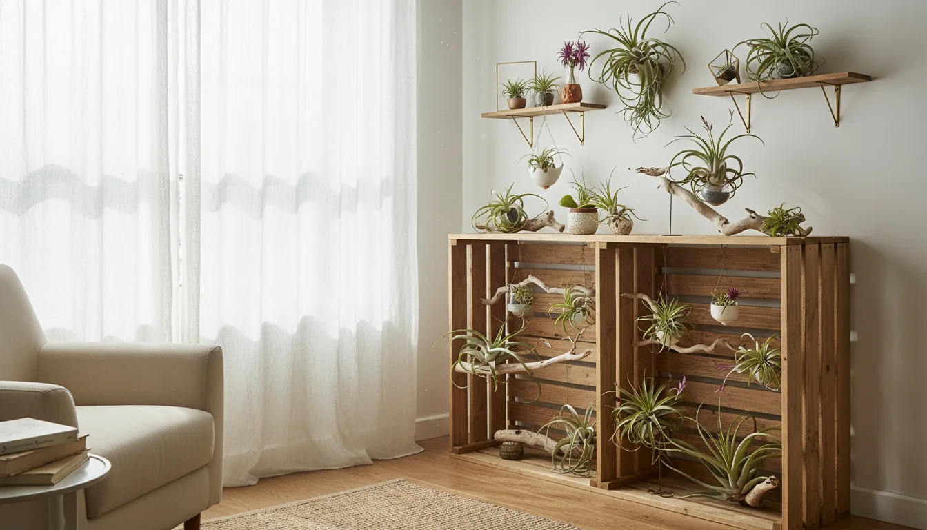 A curated display of healthy tillandsias on an open shelf next to a window with diffused light, showing good air circulation.