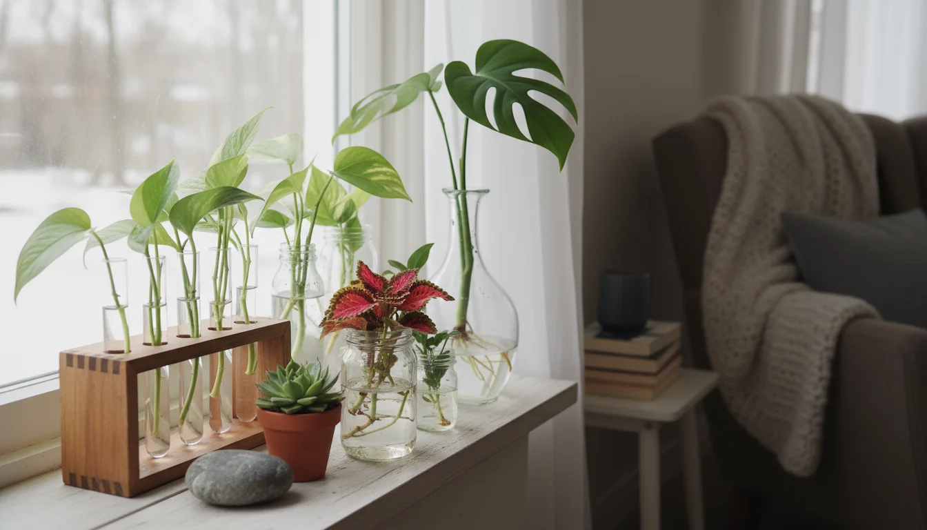 A curated windowsill propagation station with various glass vessels holding plant cuttings, a succulent, and a decorative stone, bathed in soft winter