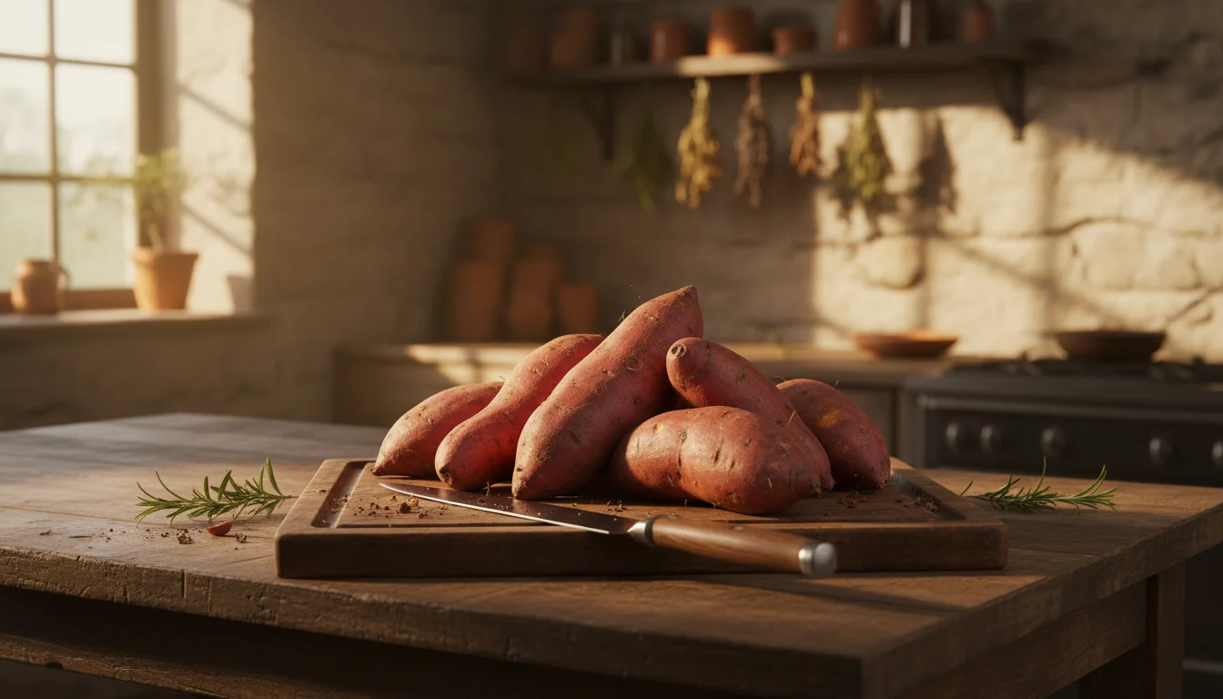 Cured sweet potatoes arranged on a rustic wooden cutting board with a knife and fresh rosemary. A soft-focused patio garden is visible through a windo