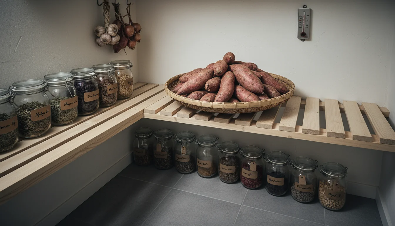 Cured sweet potatoes in a natural woven basket on a slatted wooden shelf inside a dimly lit pantry, with a small analog thermometer.