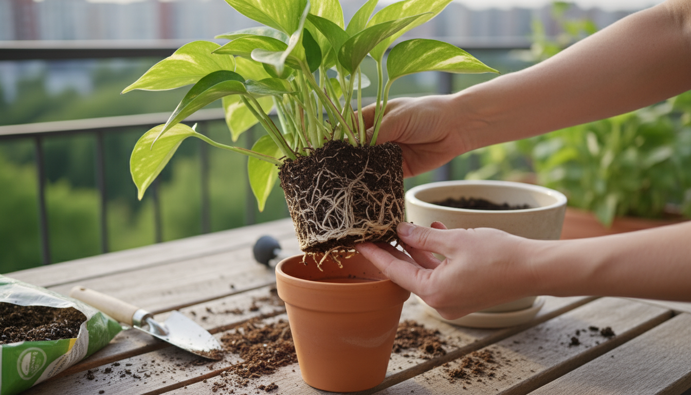 A curious cat on a sunny urban balcony playfully bats at a spiderette from a Spider Plant in a terracotta pot, with other pet-safe plants in the backg