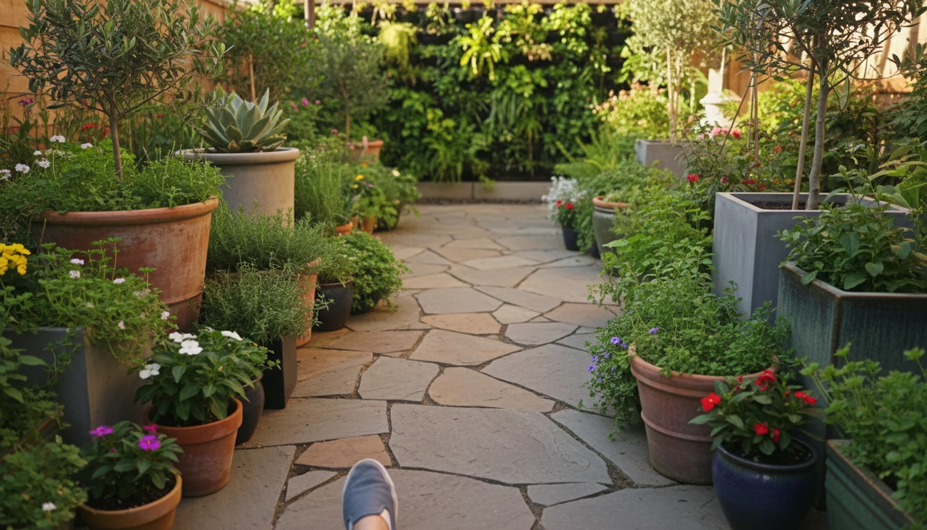 A gently curving flagstone path, about 30 inches wide, leads through a small container garden with a foot about to step onto it.
