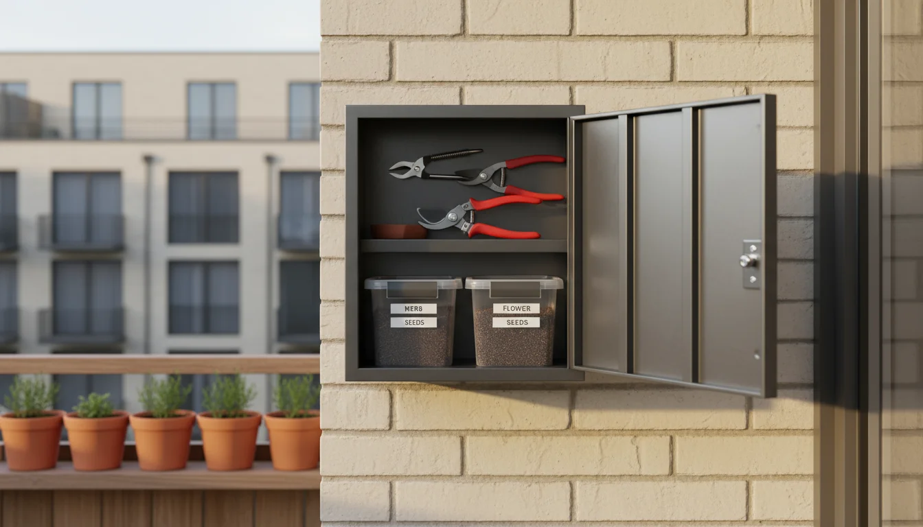 A custom-built, lockable grey metal cabinet on an urban balcony wall, slightly open to show neatly stored sharp garden tools and small bottles of orga