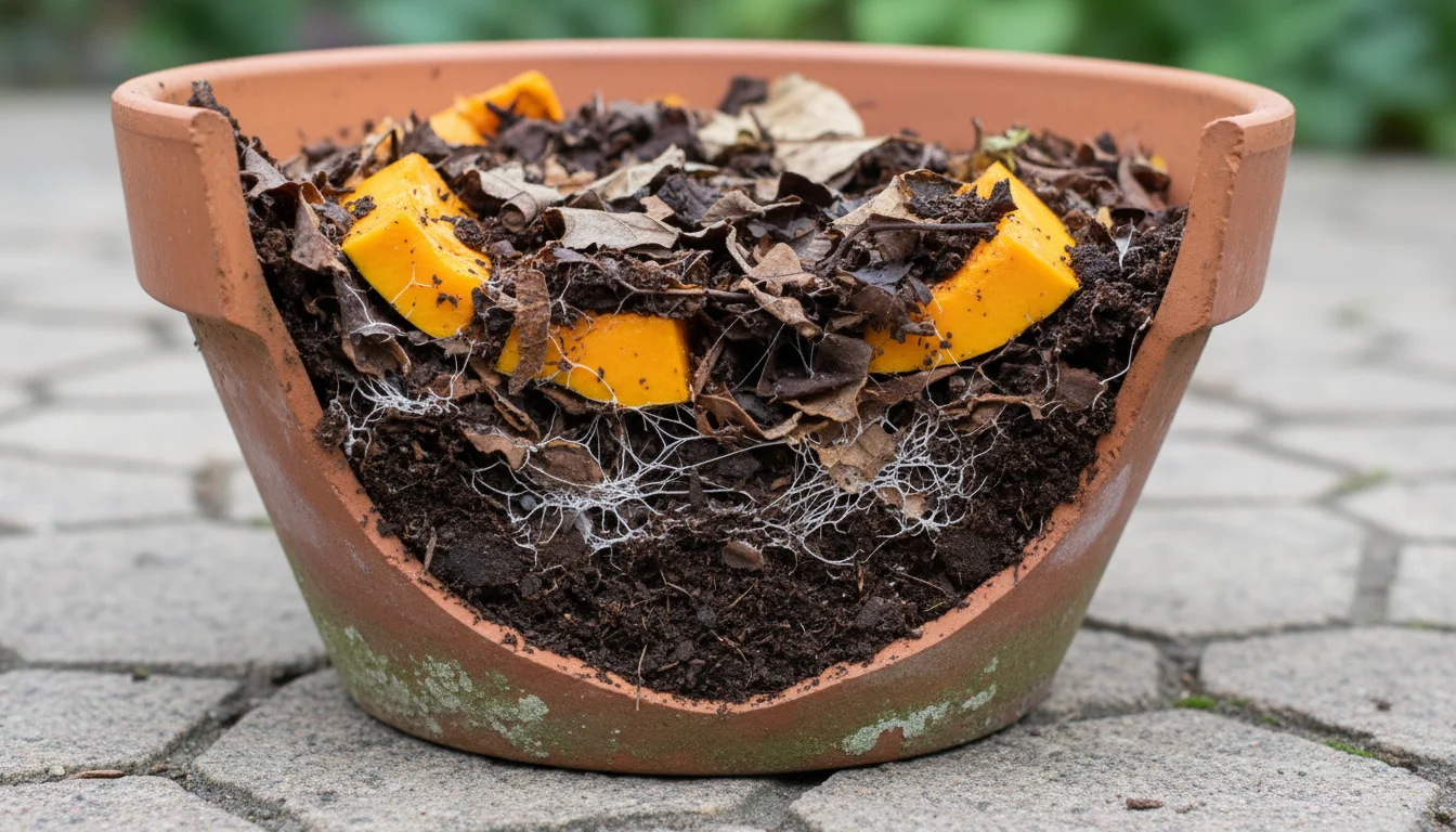 Cut-away terracotta pot on a patio revealing layers of decomposing pumpkin, brown leaves, soil, and white fungal threads, with a tiny green sprout.