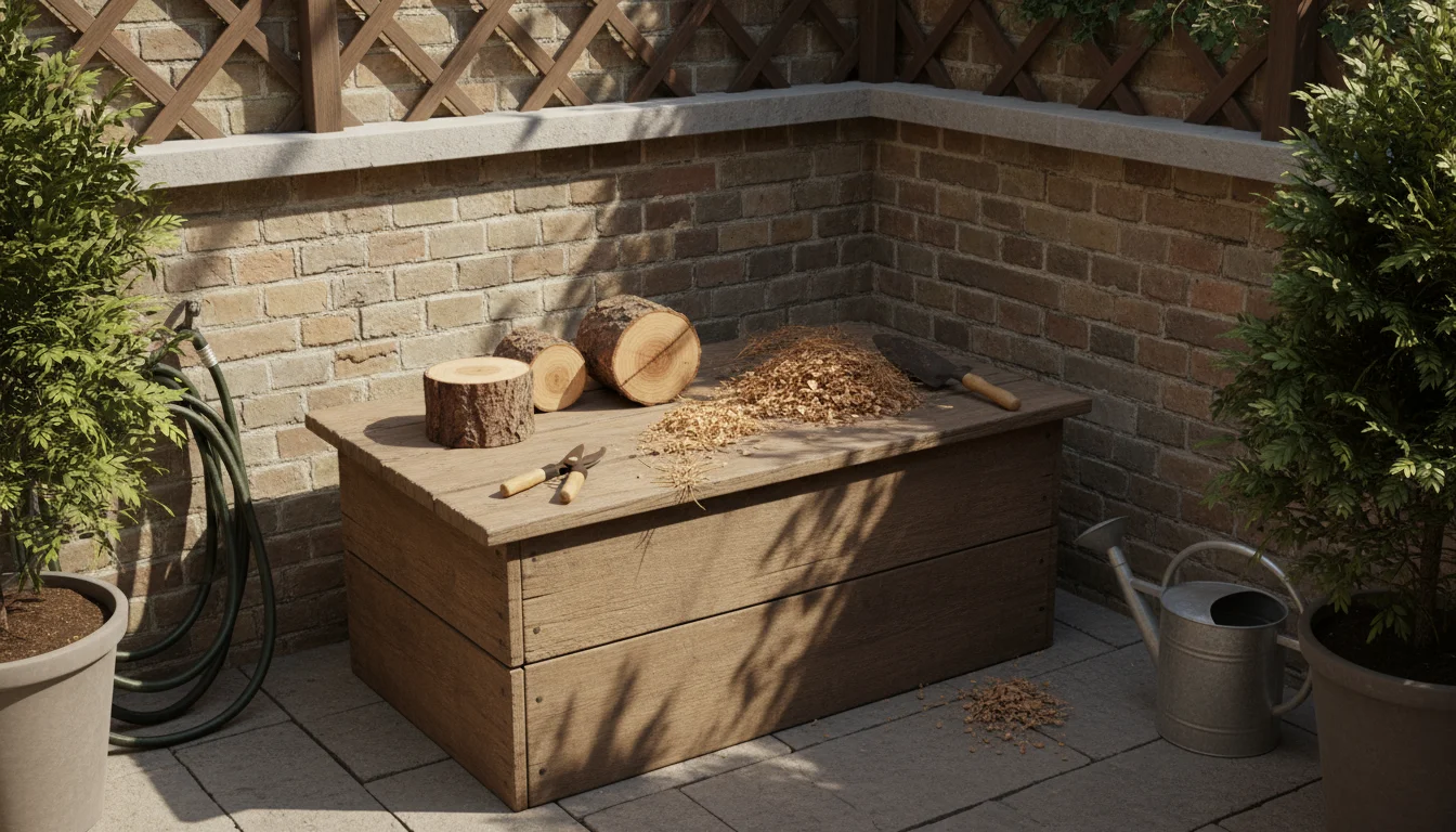 Cut segments of a dried Christmas tree trunk and gardening tools on a wooden crate, surrounded by potted plants on a sunny patio.
