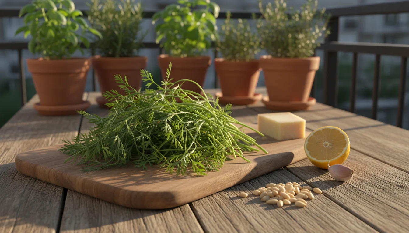 A cutting board on a wooden patio table with fresh carrot tops, pine nuts, garlic, lemon, and Parmesan cheese. Terracotta pots blur in background.