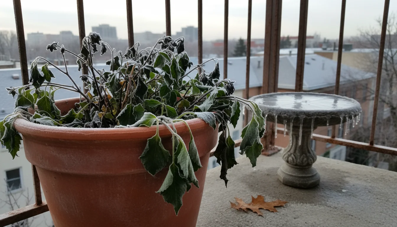 Dahlia with black, wilted leaves and yellowing caladium in separate pots on an urban balcony after a hard frost.