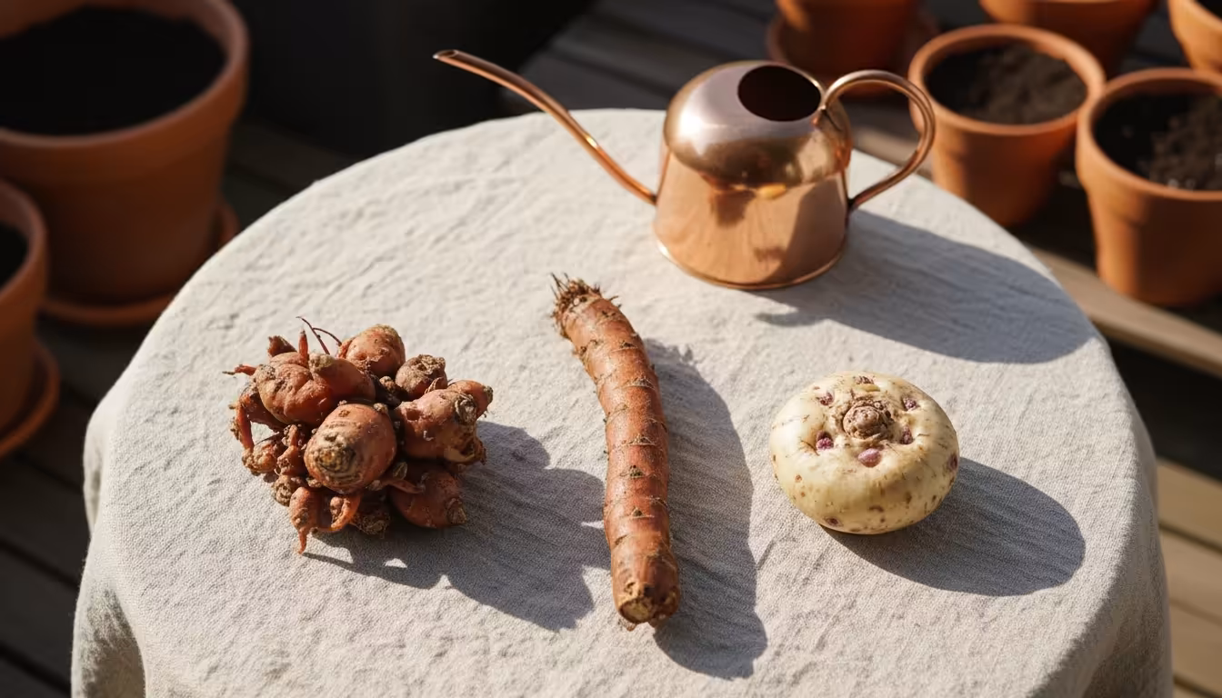 Dahlia tubers, a canna rhizome, and a caladium tuber neatly displayed on a wooden table, showcasing their distinct forms for storage.