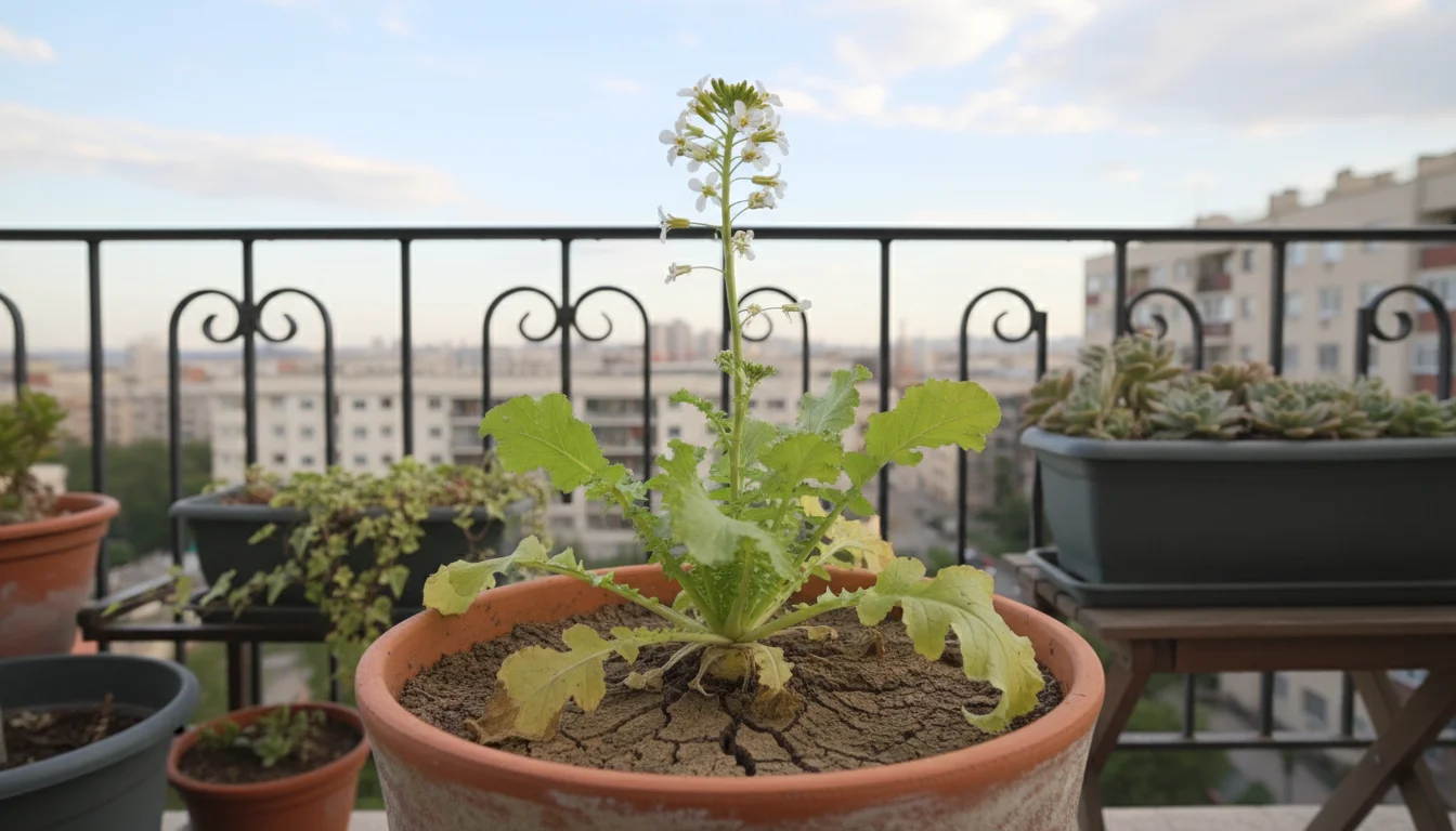 A daikon radish plant in a terracotta pot on a balcony, prematurely sending up a tall flower stalk with white blooms.